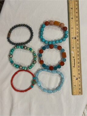 Mixed Bead Stretch Bracelet Set - Turquoise, Red, Blue, Gray